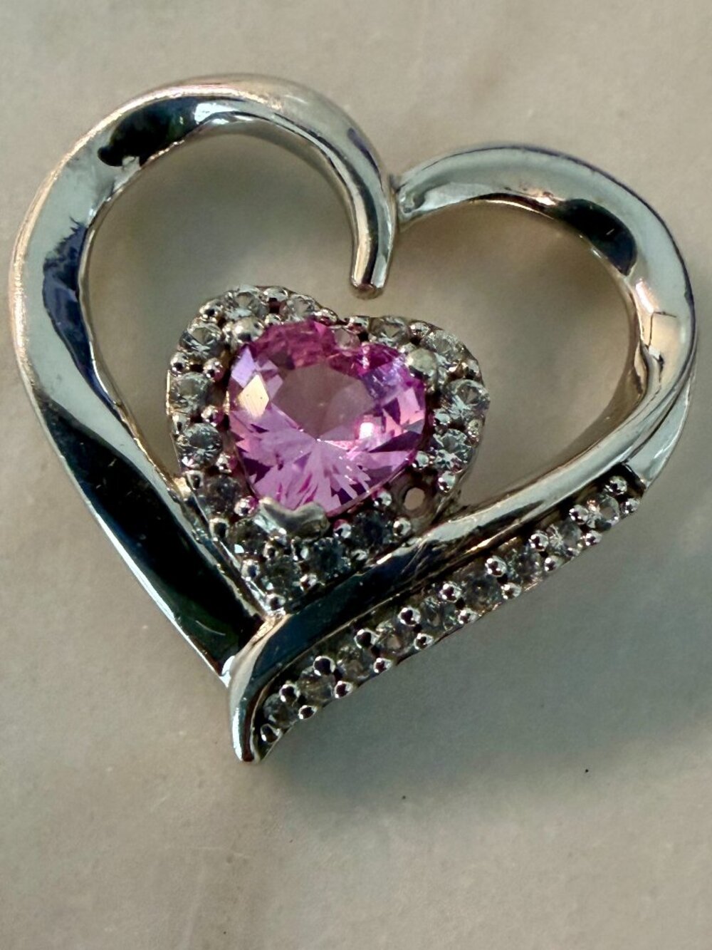 Sterling Silver Pink Heart Pendant with Melee Accents